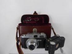 Adox 300 Camera Outfit, two spare backs, fitted case, three leather strips need re-attachment but
