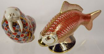 Royal Crown Derby Paperweights, 'Walrus' by Jefferson, approx 10.5 cms and 'Golden Carp' by