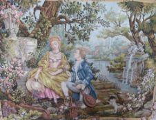 A Flemish Tapestry, depicting a romantic lover's scene, mounted on a wooden rod with fittings,