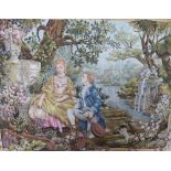 A Flemish Tapestry, depicting a romantic lover's scene, mounted on a wooden rod with fittings,