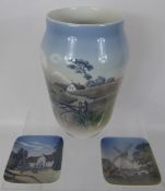A Royal Copenhagen Vase, depicting a farm and birds in flight, approx 26 cms nr 2776 1217 together