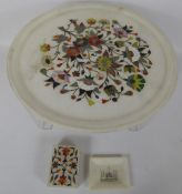 A Large White Marble Plate, with semi-precious stone floral design, 38 cms diameter, a painted