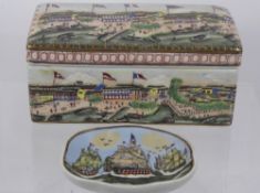 A Chinese Republic Tea Caddy and Cover, hand painted depiction of 'The Hongs of Canton' European