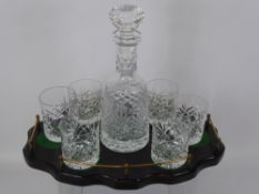 A Irish Cavan Crystal Whisky Decanter and six glasses on an oval tray.