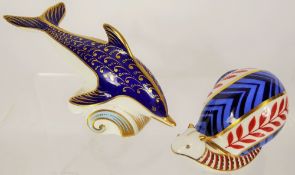 Royal Crown Derby Paperweights, 'Dolphin' approx 9.5 cms by Jefferson and 'Snail' R Jefferson approx