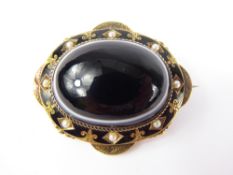 A Lady's Victorian 14-15 ct Gold (tested) Banded Agate, Enamel and Seed Pearl Mourning Pendant