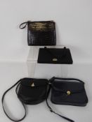 A Collection of Four Vintage Evening Bags, the first black silk taffeta with assayed silver gilt