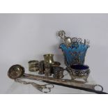 Miscellaneous Silver Plate, including mustard, meat skewers, napkin rings, spoons, grape nips,