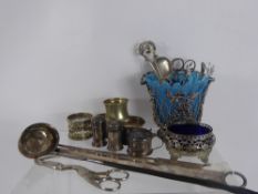 Miscellaneous Silver Plate, including mustard, meat skewers, napkin rings, spoons, grape nips,