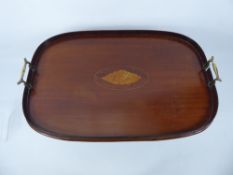 An Antique Mahogany Sheraton Style Tea Tray, with shell motif in the centre, with brass handles,