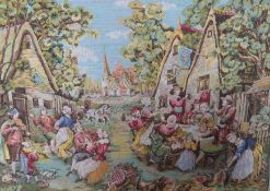 A Flemish Tapestry, depicting a merry village festival scene. The tapestry mounted on a wooden rod