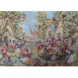 A Flemish Tapestry, depicting a merry village festival scene. The tapestry mounted on a wooden rod