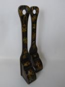 A Pair of Antique Chinese Lacquer Weighted Door Stops, depicting characters, birds and flowers,