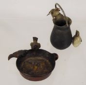 A Bronze Miniature Bird Bath, with two modelled birds, together with a white metal milk jug with two