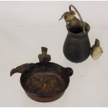 A Bronze Miniature Bird Bath, with two modelled birds, together with a white metal milk jug with two