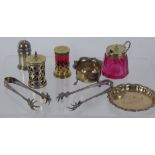 A Collection of Silver, including a cruet tray, pepper, a silver plate cranberry glass salt,