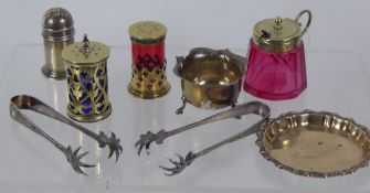 A Collection of Silver, including a cruet tray, pepper, a silver plate cranberry glass salt,