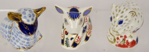 Royal Crown Derby Paperweights, 'Derby Dormouse' 6.5 cms, 'Seated Lamb' 8 cms, 'Seated Piglet' 7