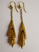 A Pair of Lady's Antique 14-15 ct (tested) Antique Yellow Gold and Pearl Drop Earrings. The