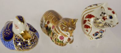 Royal Crown Derby Paperweights, 'Squirrel' 9 cms, 'Cottage Garden Cat' 11 cms (length), Blue Duck,