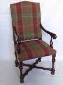 A Pair of Georgian Style Oak Armchairs, the chairs having tweed upholstery and on turned legs with