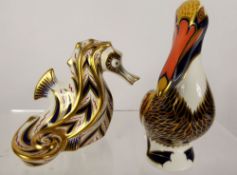 Royal Crown Derby Paperweights, 'Brown Pelican' and 'Sea Horse' modelled by J. Branscombe, approx