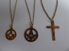 Ladies 9 ct Gold Jewellery, including two Masonic pendants, a cross pendant and chains.