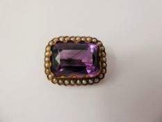 A Lady's Antique 14 - 15 ct tested Yellow Gold Amethyst and Seed Pearl Brooch, Amethyst 18 x 12