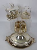 Miscellaneous Silver Plate, including a twin sauce tureen with domed cover, drip tray and sauce