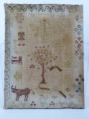 An Antique Sampler, depicting a boy and a girl, unframed approx 25 x 33 cms.