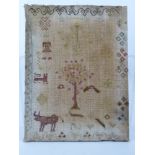 An Antique Sampler, depicting a boy and a girl, unframed approx 25 x 33 cms.