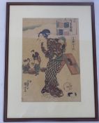 Utagawa Kuniyoshi (Japanese, 1797-1861) Antique woodblock print, depicting a domestic scene, signed,