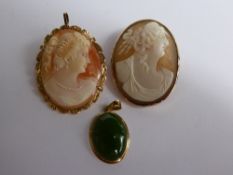 Two Lady's 9ct Yellow Gold Cameo Brooches, approx 3 x 2.5 cms together with a 14 ct green stone