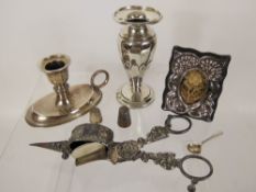 Miscellaneous Silver and Silver Plate, including a bud vase Birmingham hallmark, dated 1938 mm