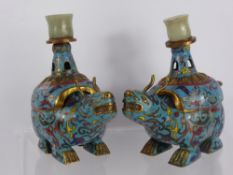 A Pair of Chinese Cloisonné and Jade Censer Burner & Candle Holders, in the form of mythical