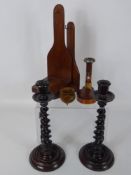 A Pair of Mahogany Turned Candlestick Holders, approx 35 cms together with a vintage bobbin egg