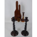 A Pair of Mahogany Turned Candlestick Holders, approx 35 cms together with a vintage bobbin egg