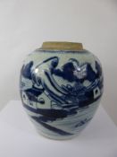 An Antique Chinese Blue and White Ginger Jar, depicting a villa landscape, approx 21 cms