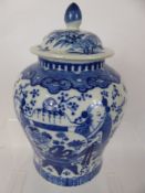 An Antique Chinese Blue and White Ginger Jar, depicting characters amidst blossom with exotic birds,