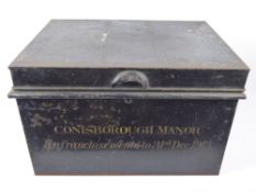 An Antique Black Metal Deed Box, the outside painted Contsborough Manor, Yorkshire.