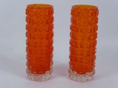 A Pair of Tangerine Pillar Vases, in the Whitefriars style, approx 18 cms