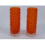 A Pair of Tangerine Pillar Vases, in the Whitefriars style, approx 18 cms