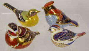 Royal Crown Derby Bird Paperweights, 'Waxwing' by Jefferson 8.5 cms, 'Goldcrest' 5.5 cms, 'Yellow
