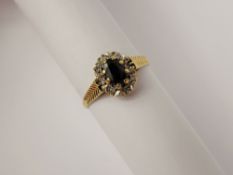 A Lady's Vintage 9ct Yellow Gold Sapphire and Diamond Ring, sapphires 6 x 4 mm, 8 x 1 pt 8 cuts