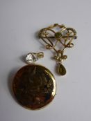 An Edwardian 9 ct Yellow Gold Peridot and Seed Pearl Drop Brooch, approx 3.3 gms together with a 9