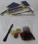 A Chrome and Enamel Dressing Table Set, comprising hair brush, mirror, clothes brush, shoe horn,