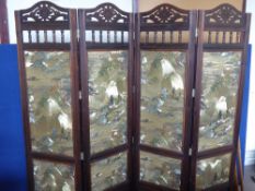 A Chinese Style Oak Effect Screen/Room Divider, with three painted panels, approx 200 x 180 cms.