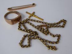 A 9ct Gold Gentleman's Ring, size S together with a crucifix pendant, chain and pin brooch inscribed