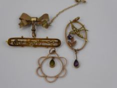 Four Antique Brooches, including seed pearl bar brooch, seed pearl and amethyst pendant in the