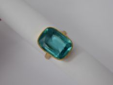 An Antique 18 ct Hallmarked Cushion Cut Aqua-Coloured Stone, mm PS, size R, the stone 18 x 12 mm,